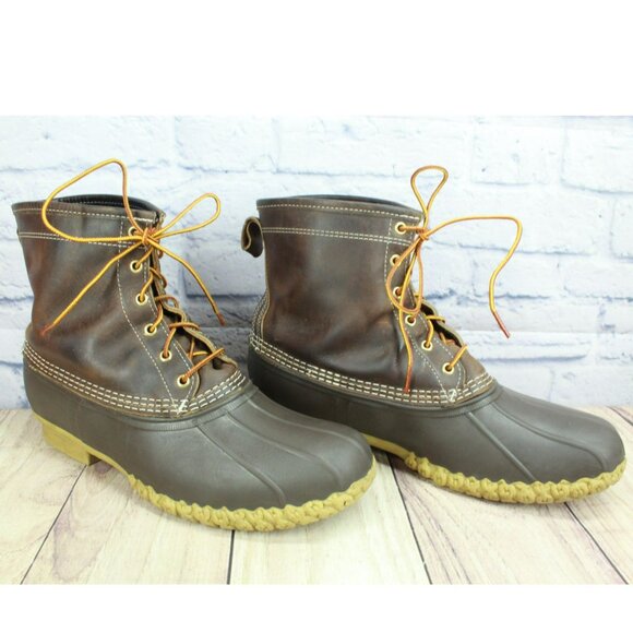 LL Bean Brown Leather Flannel Lined Insulated Ankle Duck Boots Size 13 M - Picture 3 of 10
